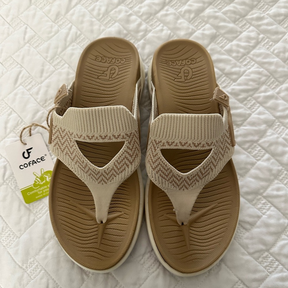 Tan Sandals with Textured Footbed and Elastic Strap